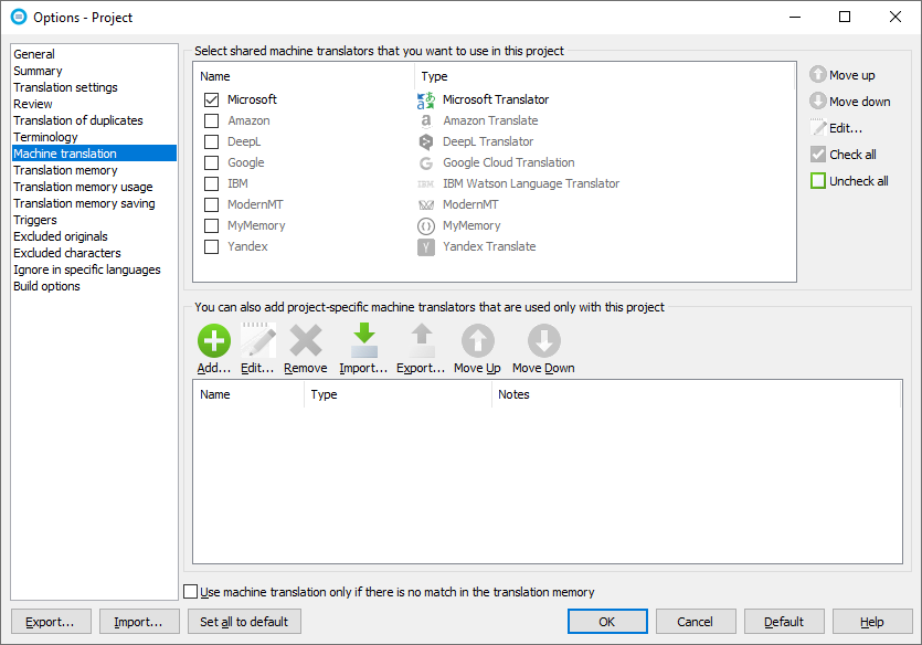 Project's translation memory settings