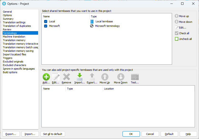 Default terminology settings