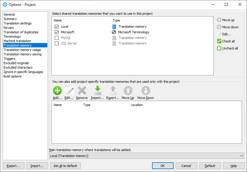 Project's translation memory settings